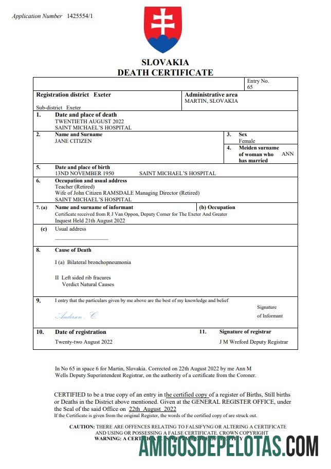 Imprimível modelo Word e PDF de certidão de óbito da Eslováquia